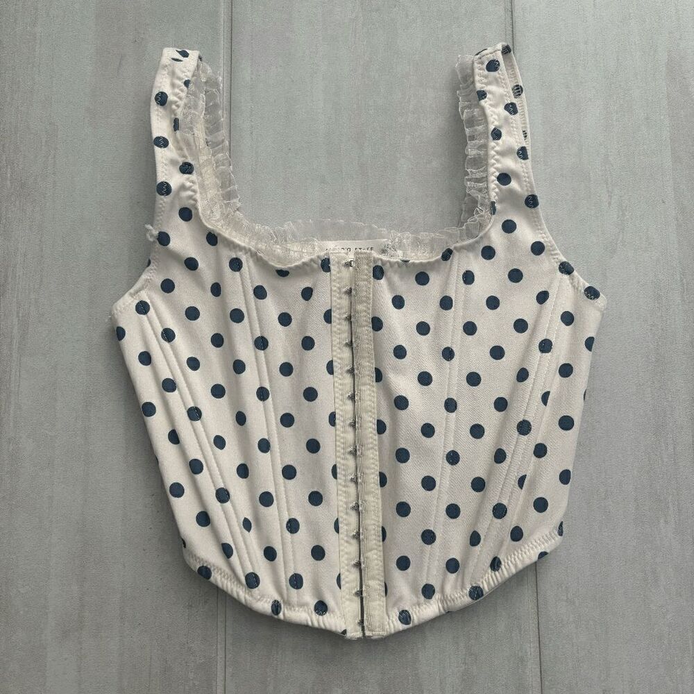 Altar'd State Corset Top Crop Tank Polka Dot Small White Blue Ruffled Coquette S
